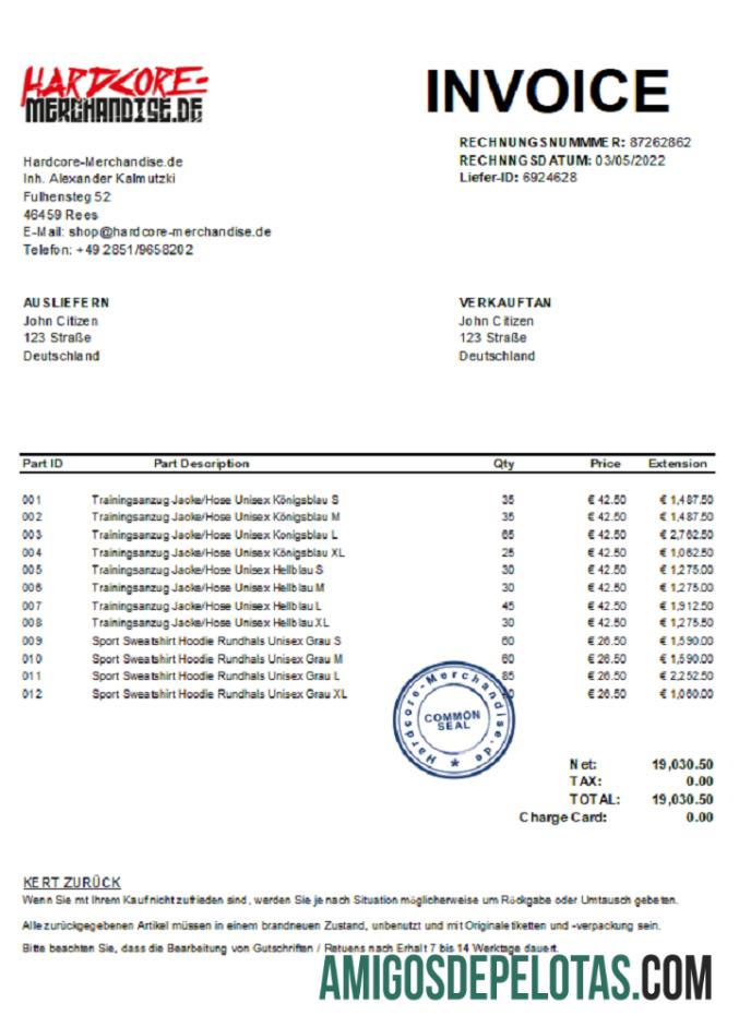 Fatura de mercadoria Hardcore da Alemanha J. C. Xls amostra